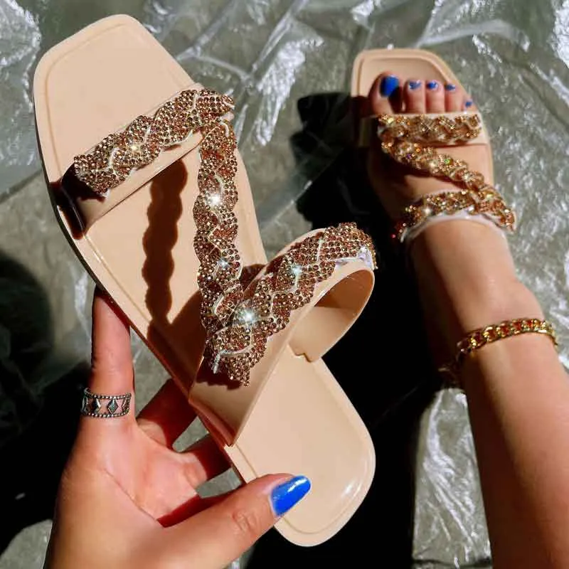Clear Rhinestone Square Toe Z Strap Flat Sandals