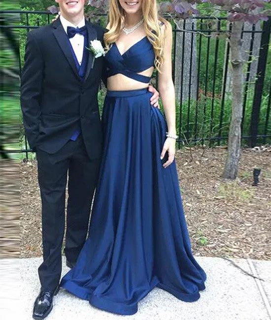 Dark blue v neck two pieces long prom dress, evening dress
