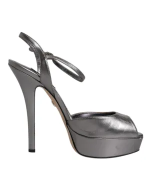 Dolce&Gabbana Women Silver Sandals 100% Leather Ankle Strap Heel Shoes Sz EUR 38