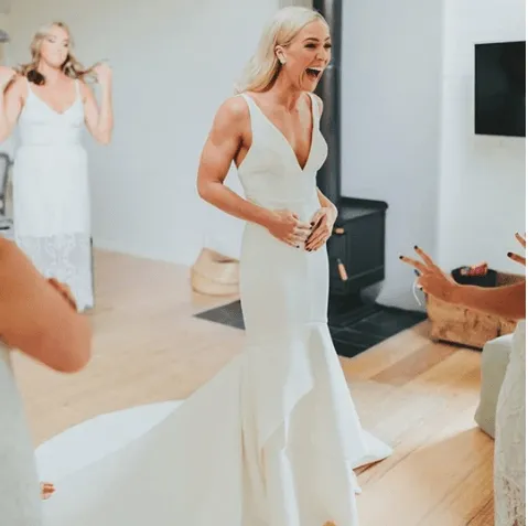Mermaid V-Neck Backless Sweep Train Satin Charming Wedding Dress TN120