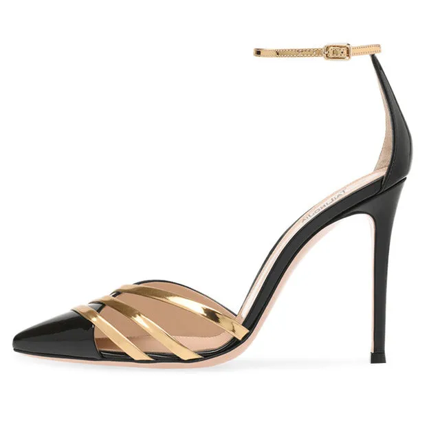 Stiletto Heels Pointed Toe Sandals Women Black Gold Ankle Buckle
