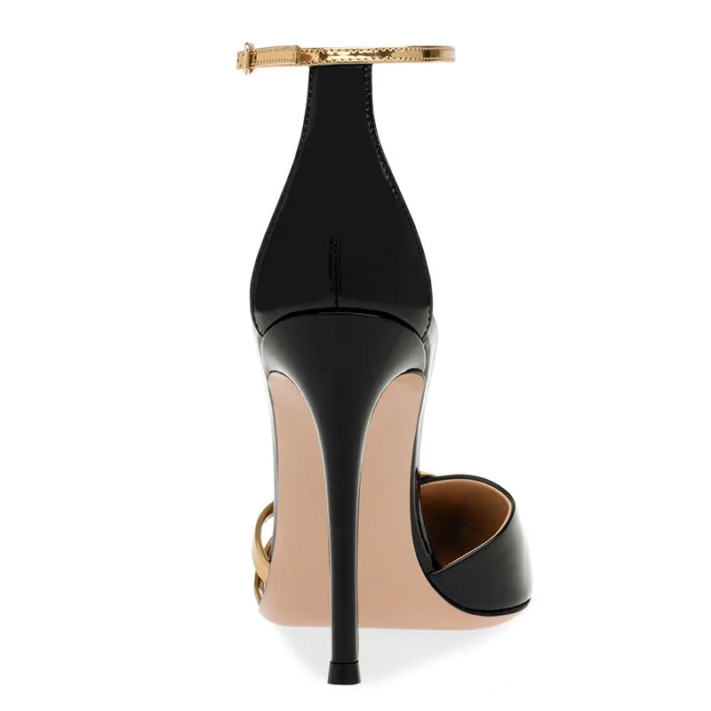 Stiletto Heels Pointed Toe Sandals Women Black Gold Ankle Buckle