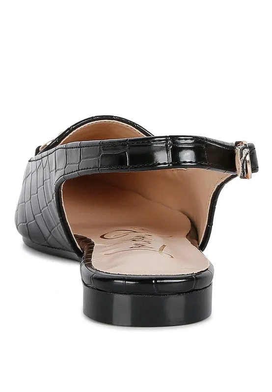 Trempe Black Croc Slingback Flat Sandals
