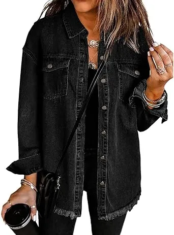 Vetinee Women’s Ball Front-Button Frayed Hem Shacket Long Sleeve Flap Chest Pockets Denim Jean Jacket