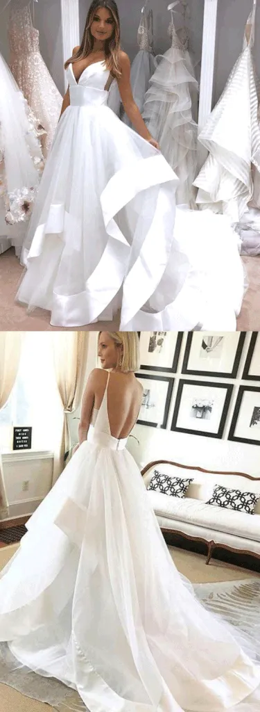 White V Neck Tulle Long Evening Dresses Backless Affordable Prom Dresses