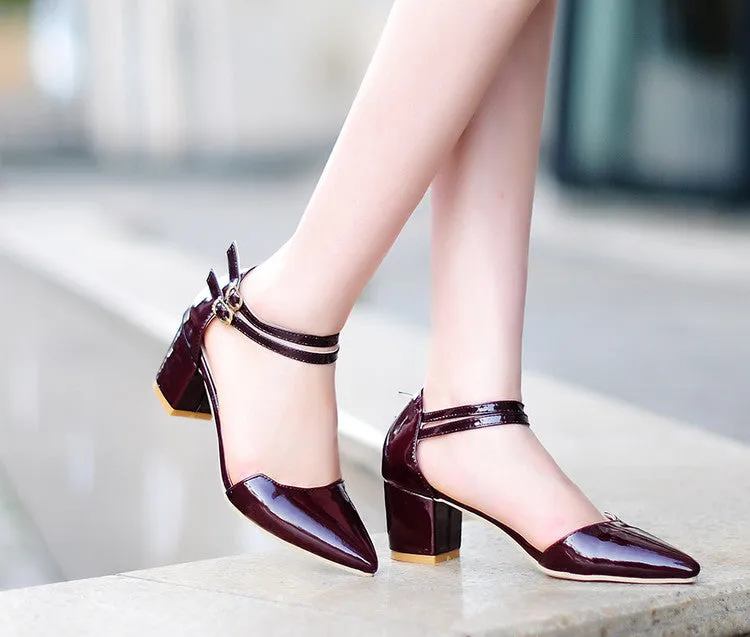 Women's Candy Color Pointed Toe Hollow Out Double Strap Block Heel Sandals