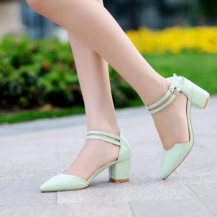 Women's Candy Color Pointed Toe Hollow Out Double Strap Block Heel Sandals