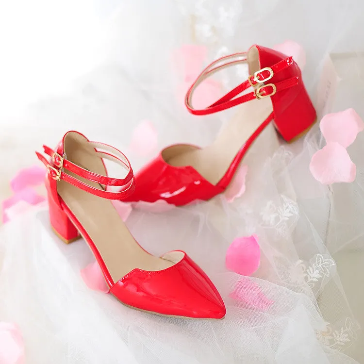 Women's Candy Color Pointed Toe Hollow Out Double Strap Block Heel Sandals