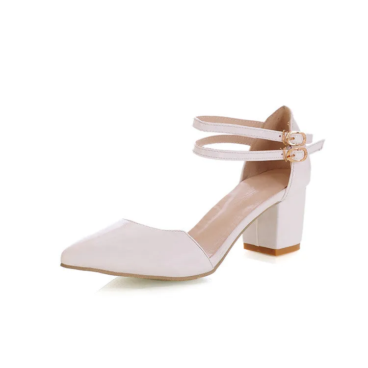 Women's Candy Color Pointed Toe Hollow Out Double Strap Block Heel Sandals