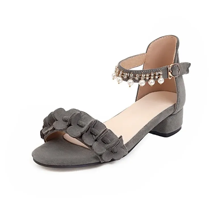 Women's Flora Ankle Strap Pearls Hollow Out Block Heel Low Heels Sandals