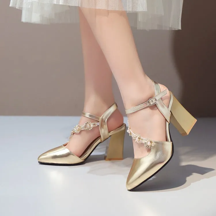 Women's Glossy Pointed Toe Flora Wrap Strap Chunky Heel Sandals