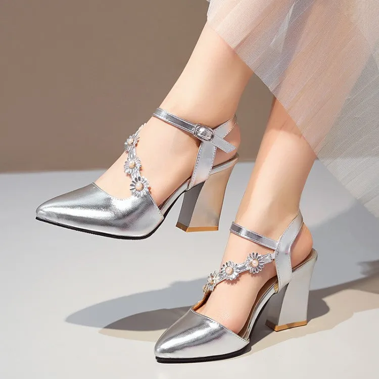 Women's Glossy Pointed Toe Flora Wrap Strap Chunky Heel Sandals