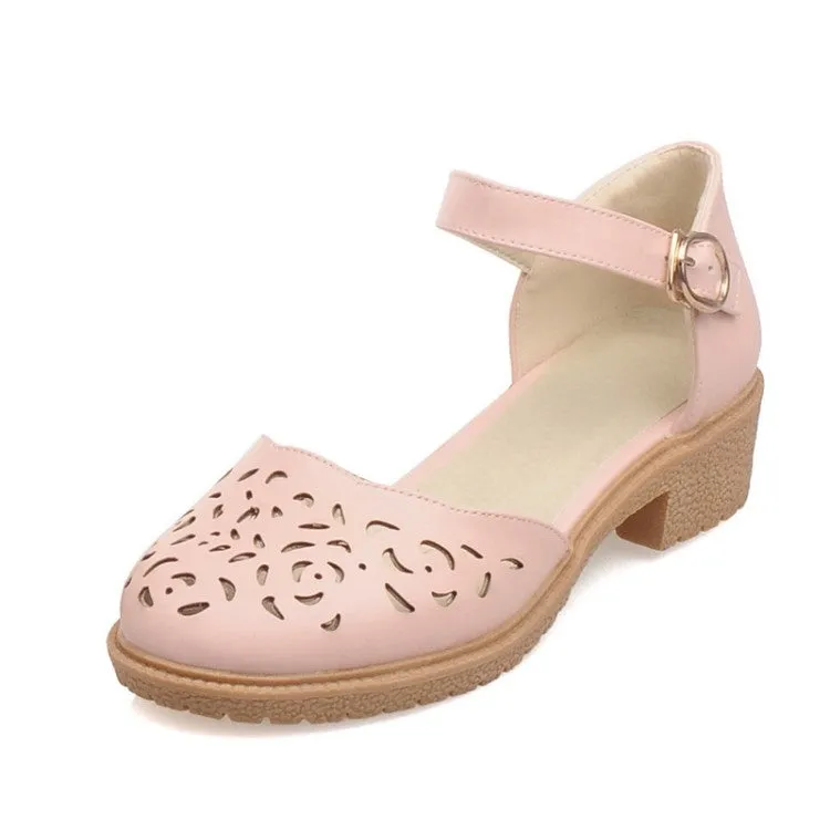 Women's Round Toe Hollow Out Ankle Strap Block Heel Sandals
