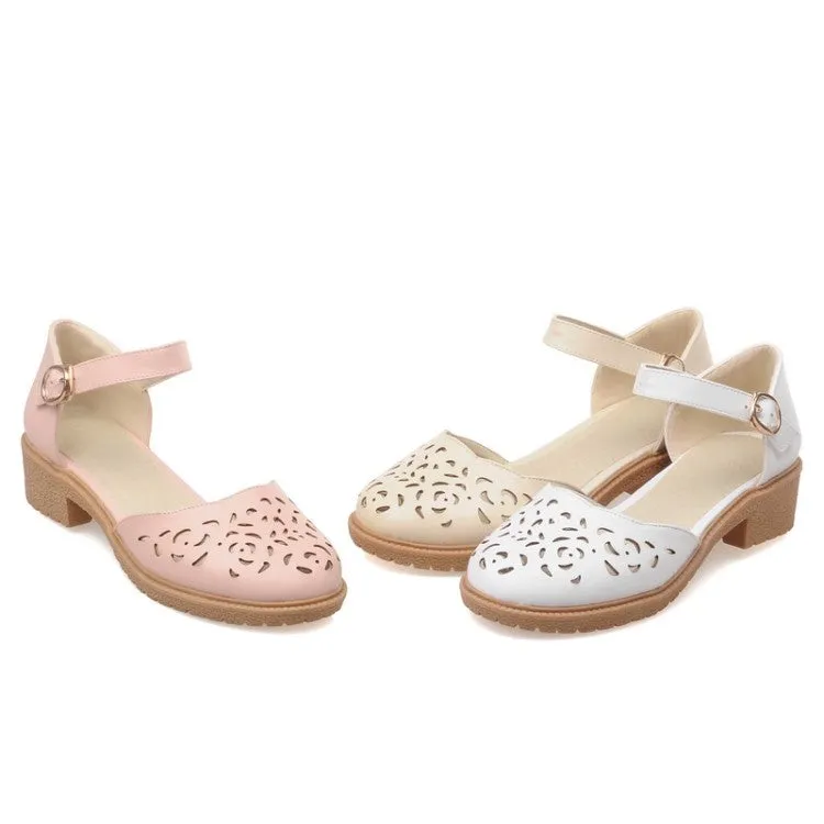 Women's Round Toe Hollow Out Ankle Strap Block Heel Sandals